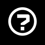 A bold white question mark inside a white circle is centered on a solid black background.