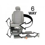 A gray car seat on a mechanical base with large arrows showing six directions of movement: forward, backward, up, down, tilt, and swivel. The text 6 WAY appears beside the seat.