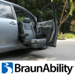 A minivan with an open door features a motorized seat extending outward for accessibility. The BraunAbility logo is displayed at the bottom of the image.