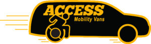 Logo of a van in black and yellow with the words ACCESS Mobility Vans and a wheelchair symbol, indicating transportation services for people with mobility needs. Lines behind the van suggest motion.