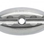 An oval-shaped zinc anode with a central hole and two grooves, made for mounting on marine equipment to prevent corrosion. The surface is metallic and engraved with numbers and letters.