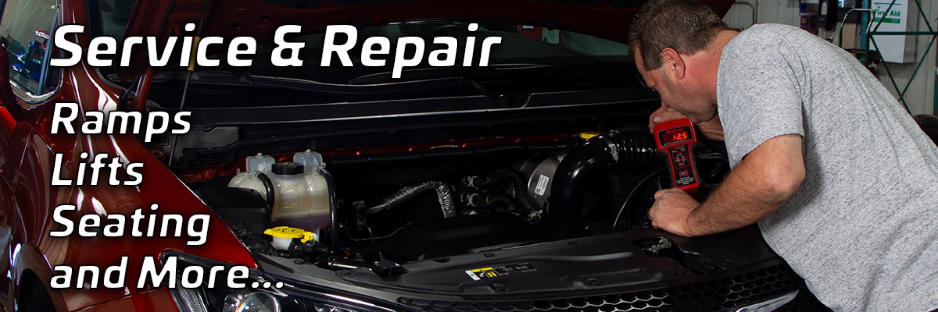 A mechanic inspects the engine of a car in a garage. Text on the image reads: “Service & Repair. Ramps, Lifts, Seating and More...”.