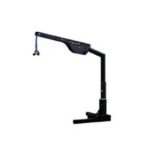 A black metal hydraulic crane lift with a blue hook, designed for mounting on the back of a vehicle or flat surface for lifting heavy objects.