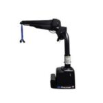 A black robotic arm crane with a blue strap and small gripper attachment, mounted on a square base labeled Harmar.