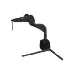A black mechanical lifting arm with a hook at the end, mounted on a sturdy base with two support legs extending out for stability.