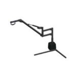A black, L-shaped camera jib arm with a handle and a counterweight, mounted on a tripod base, designed for smooth camera movement in video production.