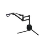 A black adjustable microphone boom arm stand with a base and articulated joints, designed to hold and position a microphone for recording or broadcasting.