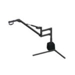 A black, adjustable boom arm stand with a tripod base, designed to support equipment like microphones or cameras. The stand features a counterweight and a handle for easy positioning.