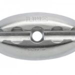 Oval-shaped, silver metal sacrificial anode with a hole in the center and embossed text on the surface, used to prevent corrosion on boats and marine equipment.