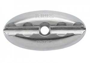 Oval-shaped, silver metal sacrificial anode with a hole in the center and embossed text on the surface, used to prevent corrosion on boats and marine equipment.