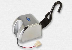 A silver electronic hook lock with a blue button, a black plastic-covered hook, and a short wire with a white connector attached at the base, set against a light background.