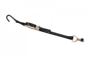 A black ratchet strap with a metal hook on one end and a metal clip on the other, used for securing cargo.
