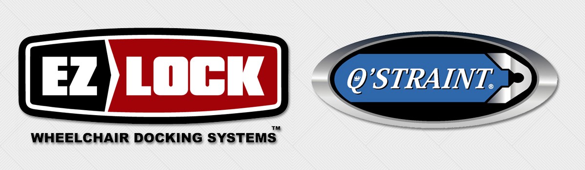 Two logos side by side: the left features EZ Lock Wheelchair Docking Systems in black, white, and red; the right displays QStraint in white on a blue background with a metallic oval border.