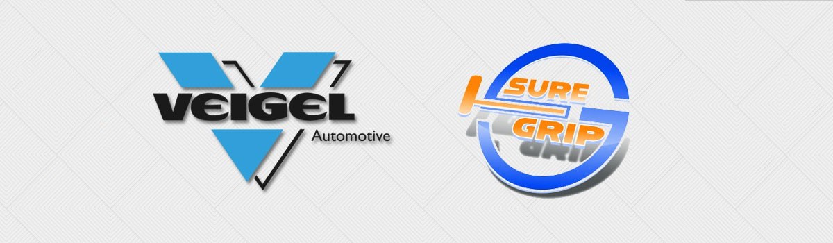 Two logos side by side: On the left, a blue V with VEIGEL Automotive. On the right, an orange and blue Sure Grip with a stylized key and circular design elements.